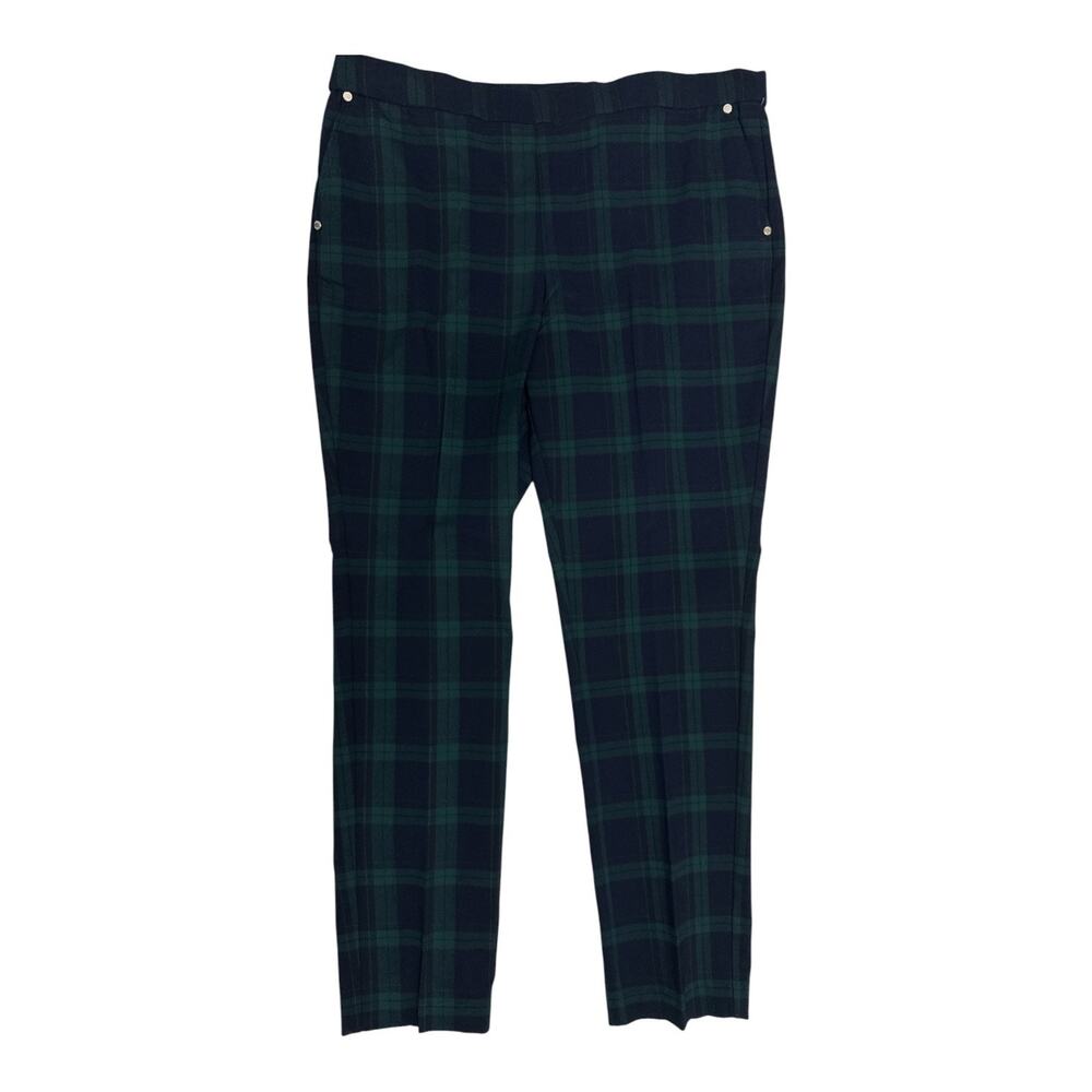 Anne Klein XL Pants Slim Ankle Black Green Tartan Plaid Pull-on Stretch Waist